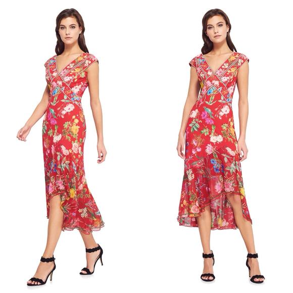 Tadashi Shoji Clara Hi low midi dress Red floral Cottage Core Boho Chic Sz 2 - Picture 1 of 12